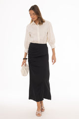Black Front Ruched Maxi Skirt
