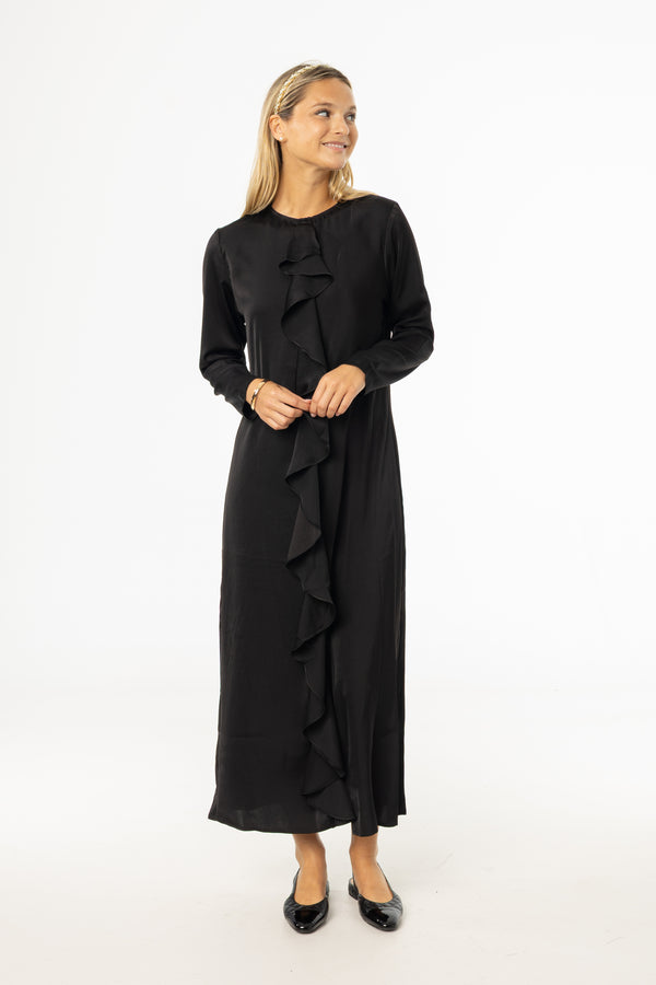 Black Front Ruffle Silk Maxi
