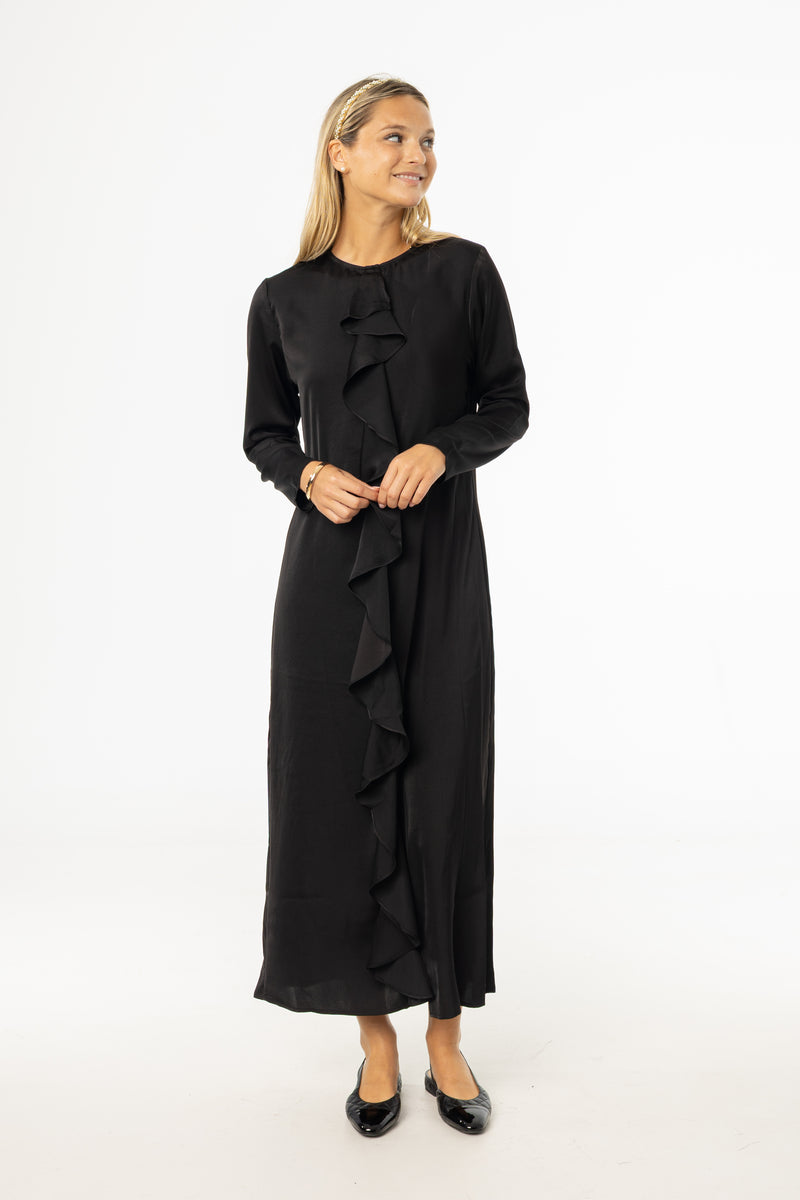 Black Front Ruffle Silk Maxi