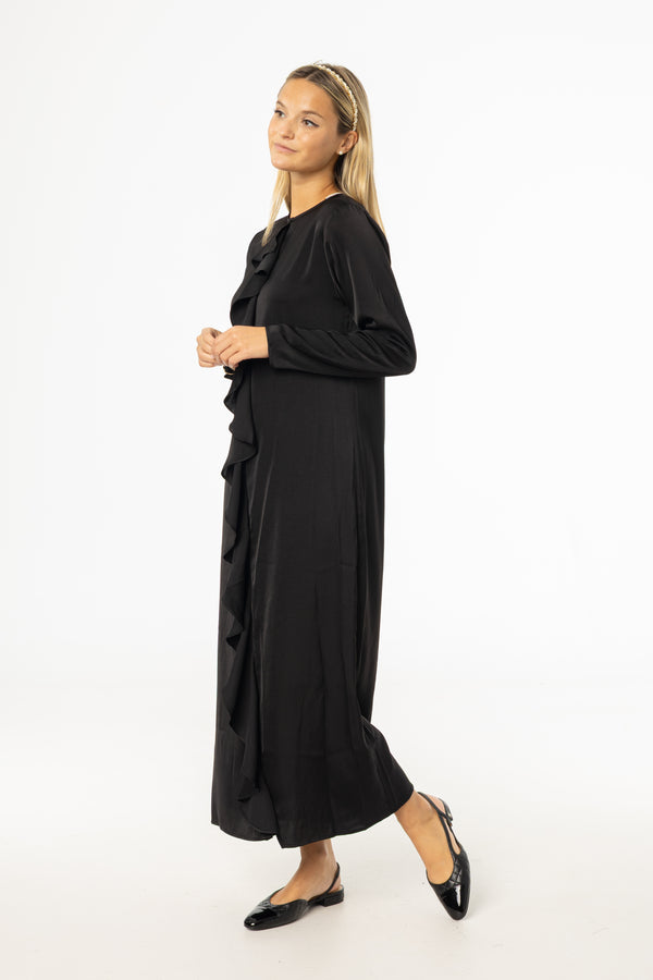 Black Front Ruffle Silk Maxi