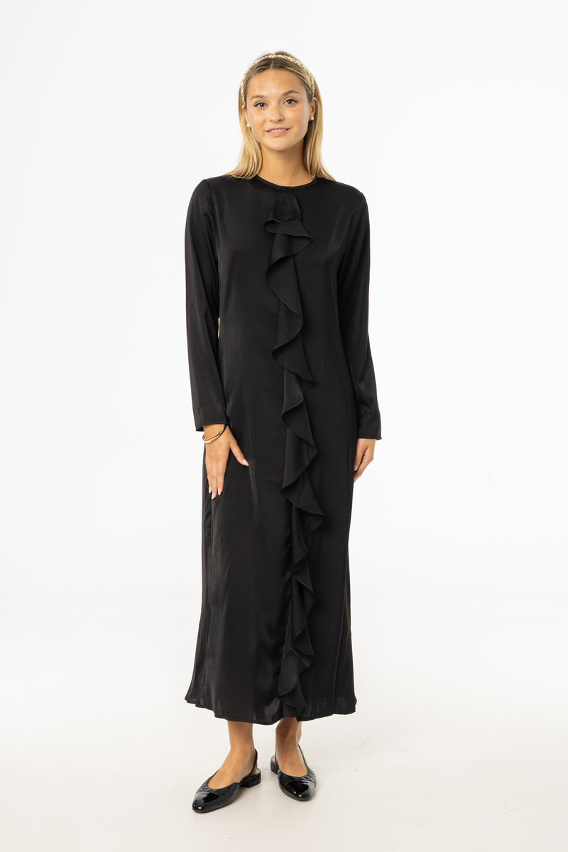 Black Front Ruffle Silk Maxi