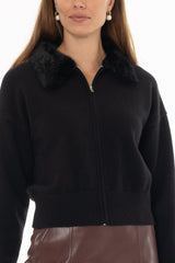 Black Fur Collar Zipper Sweater