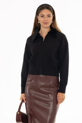 Black Fur Collar Zipper Sweater
