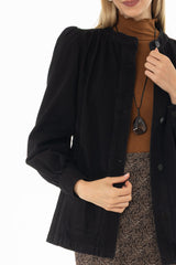 Black Gathered Sleeve Denim Jacket