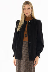 Black Gathered Sleeve Denim Jacket