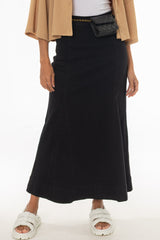 Black Godet Denim Maxi Skirt