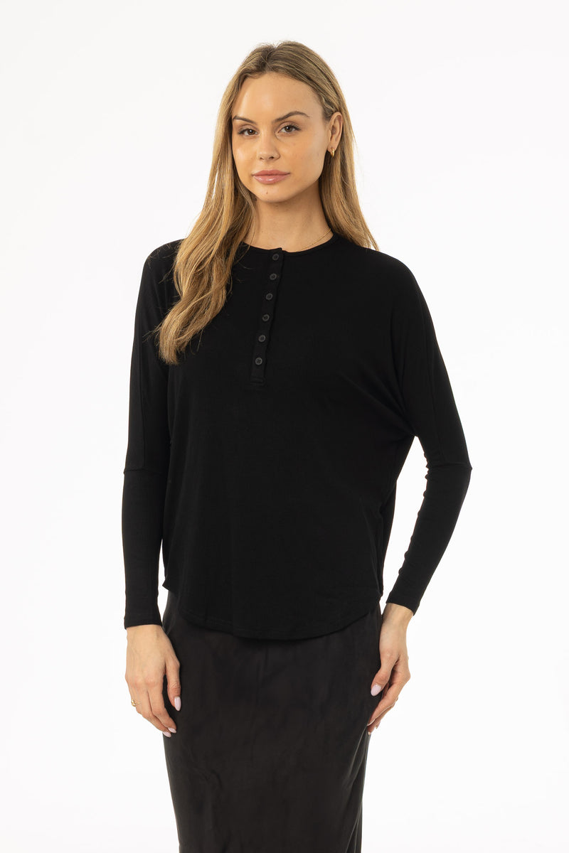 Black Henley Dolman T-Shirt