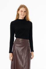 Black Herringbone Velvet Mock Neck Top