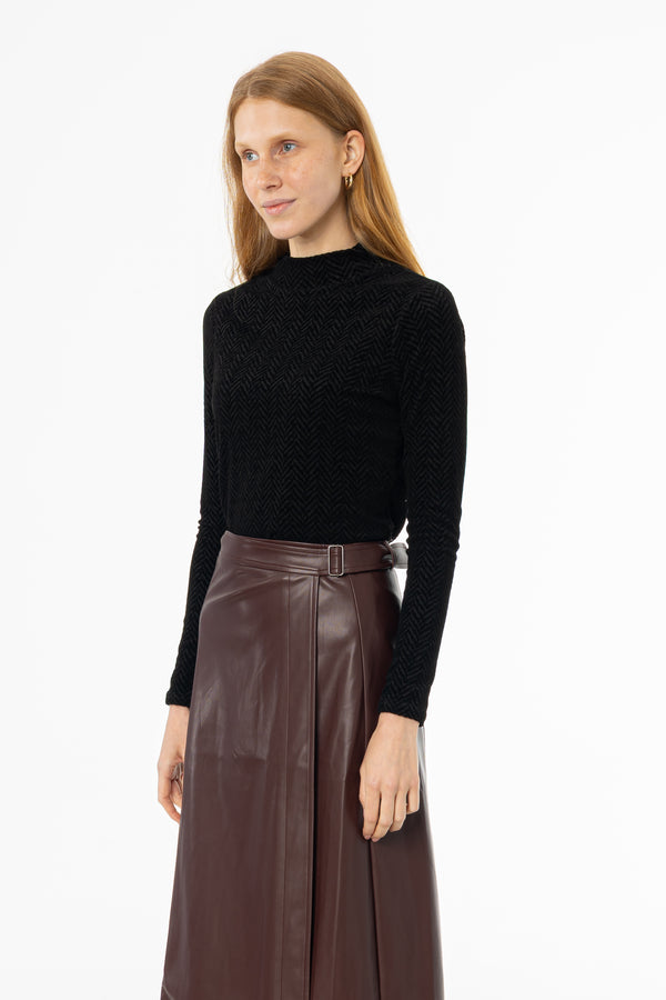 Black Herringbone Velvet Mock Neck Top