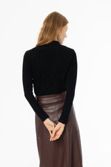 Black Herringbone Velvet Mock Neck Top