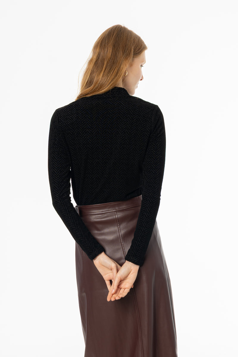 Black Herringbone Velvet Mock Neck Top