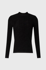 Black Herringbone Velvet Mock Neck Top