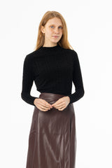 Black Herringbone Velvet Mock Neck Top