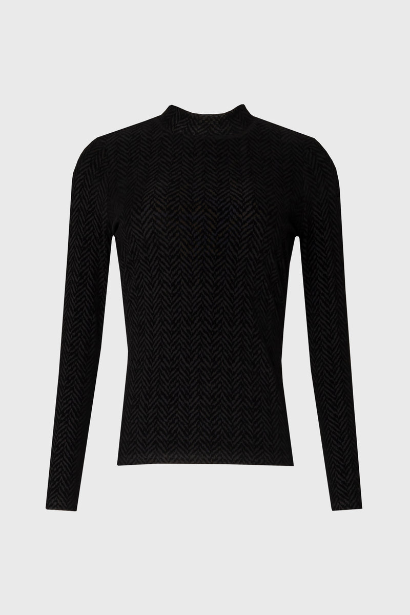 Black Herringbone Velvet Mock Neck Top