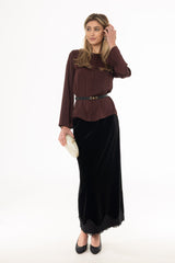 Black Lace Trim Velvet Maxi Skirt