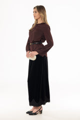 Black Lace Trim Velvet Maxi Skirt