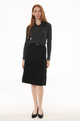 Black Leather Detail Tweed Knee Length Skirt