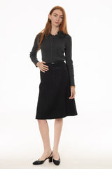 Black Leather Detail Tweed Knee Length Skirt