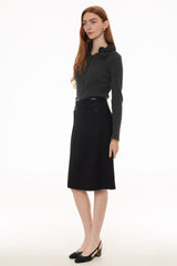 Black Leather Detail Tweed Knee Length Skirt