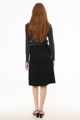 Black Leather Detail Tweed Knee Length Skirt