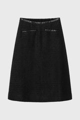 Black Leather Detail Tweed Knee Length Skirt