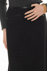 Black Leather Detail Tweed Knee Length Skirt