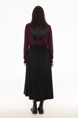 Black Microsuede Flared Maxi Skirt