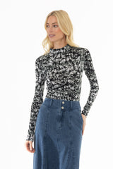 Black Midnight Marble Print Mock Neck Top