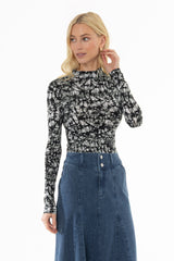 Black Midnight Marble Print Mock Neck Top