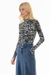 Black Midnight Marble Print Mock Neck Top