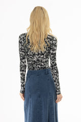 Black Midnight Marble Print Mock Neck Top