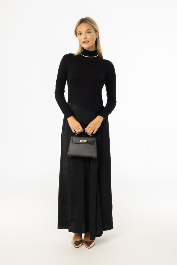 Black Mixed Fabric Maxi Dress