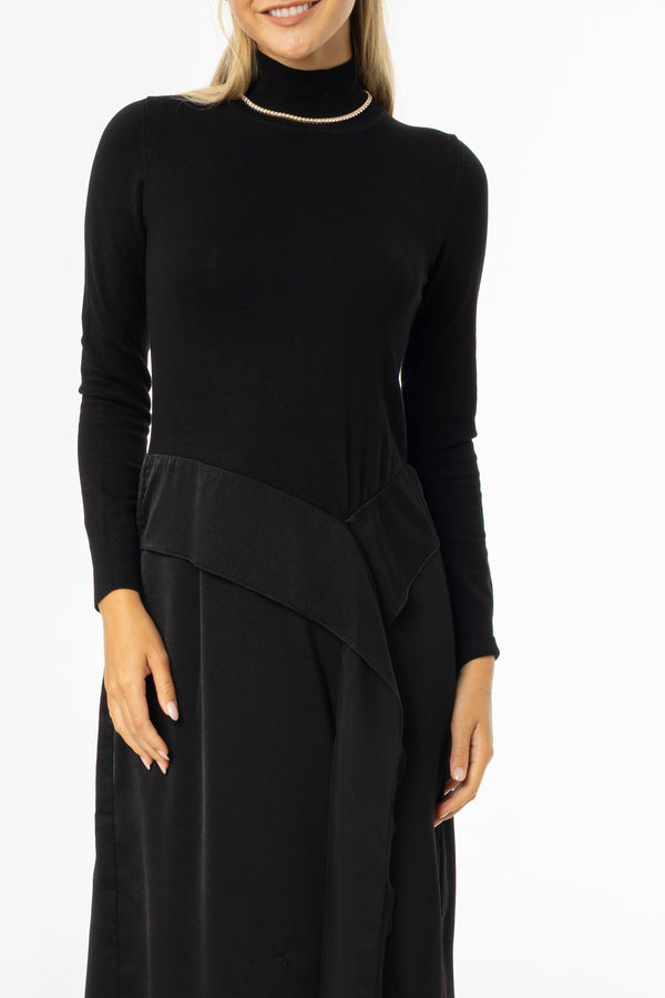 Black Mixed Fabric Maxi Dress