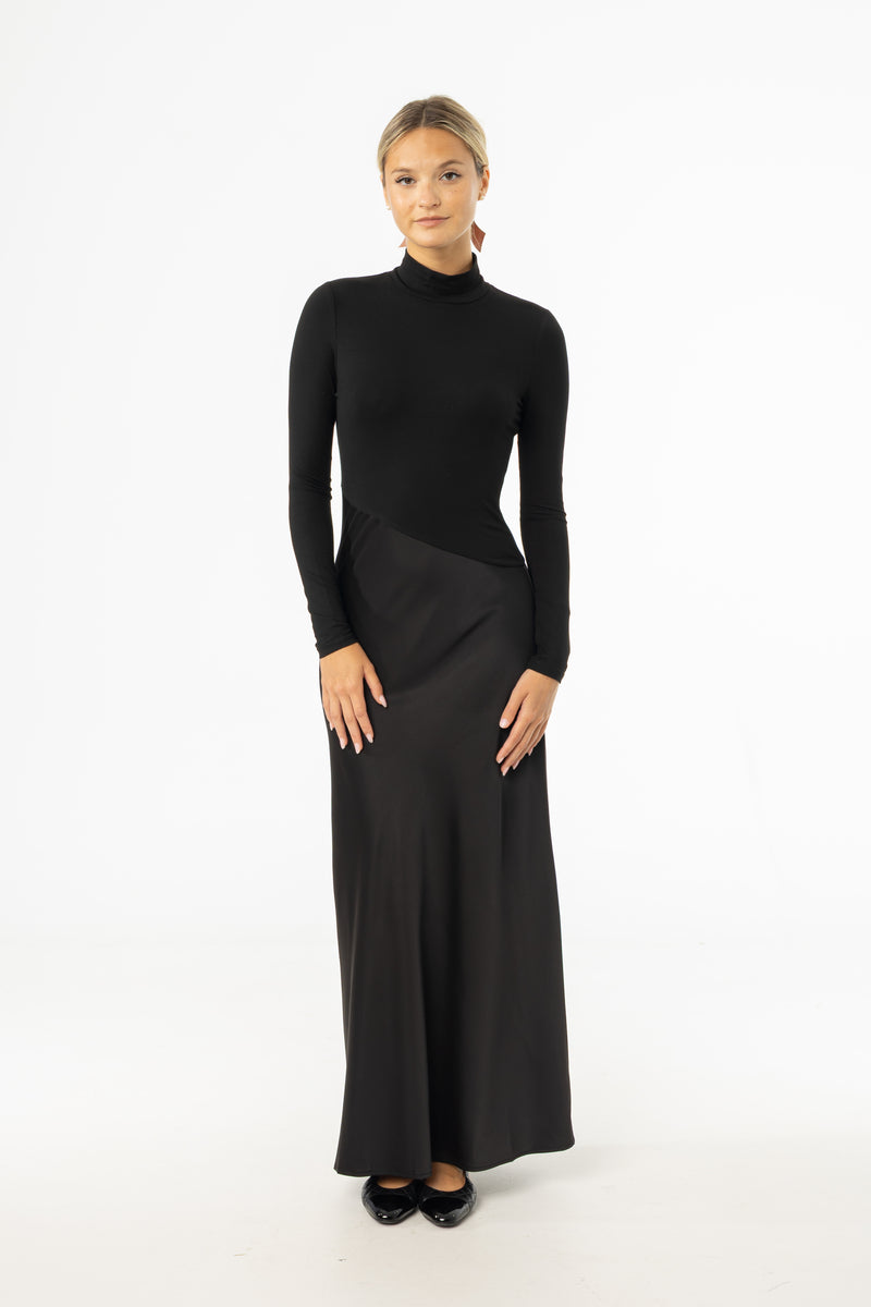 Black Combo Mock Neck Maxi Dress