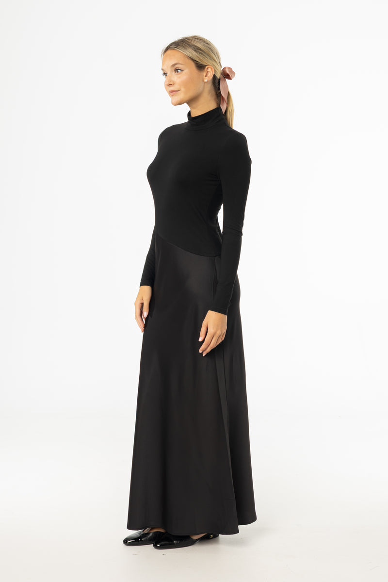 Black Combo Mock Neck Maxi Dress