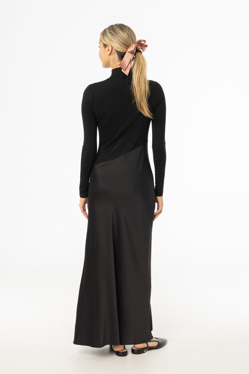Black Combo Mock Neck Maxi Dress