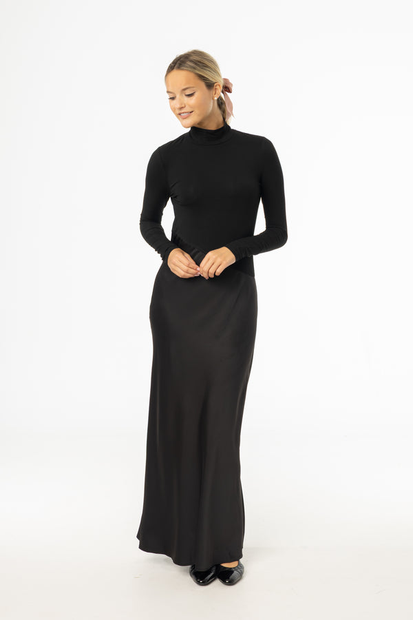 Black Combo Mock Neck Maxi Dress