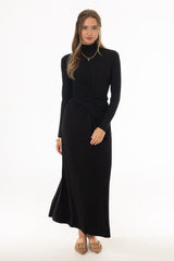 Black Mock Neck Tie Front Dress