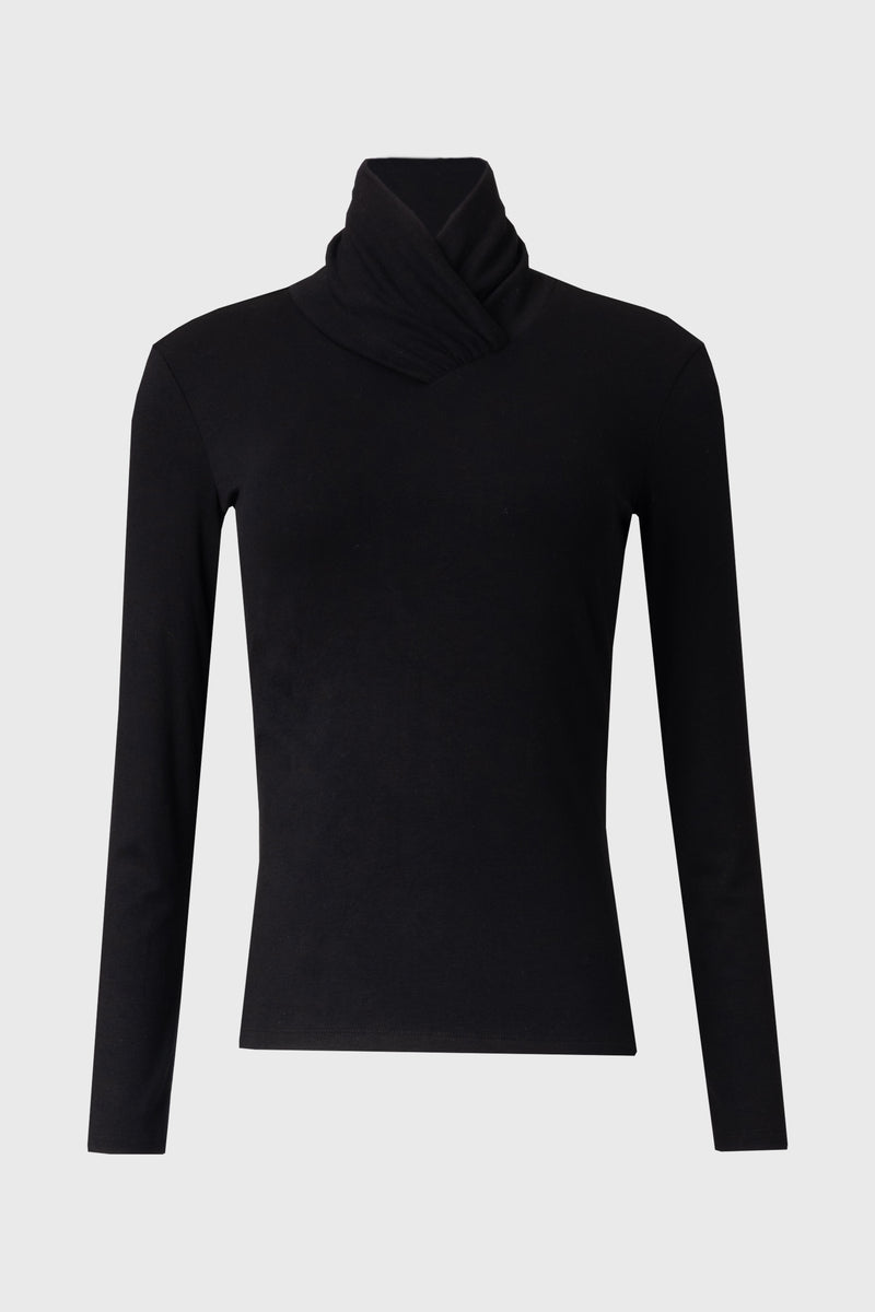 Black Overlap Mock Neck Top
