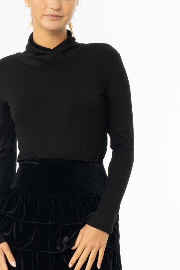 Black Overlap Mock Neck Top