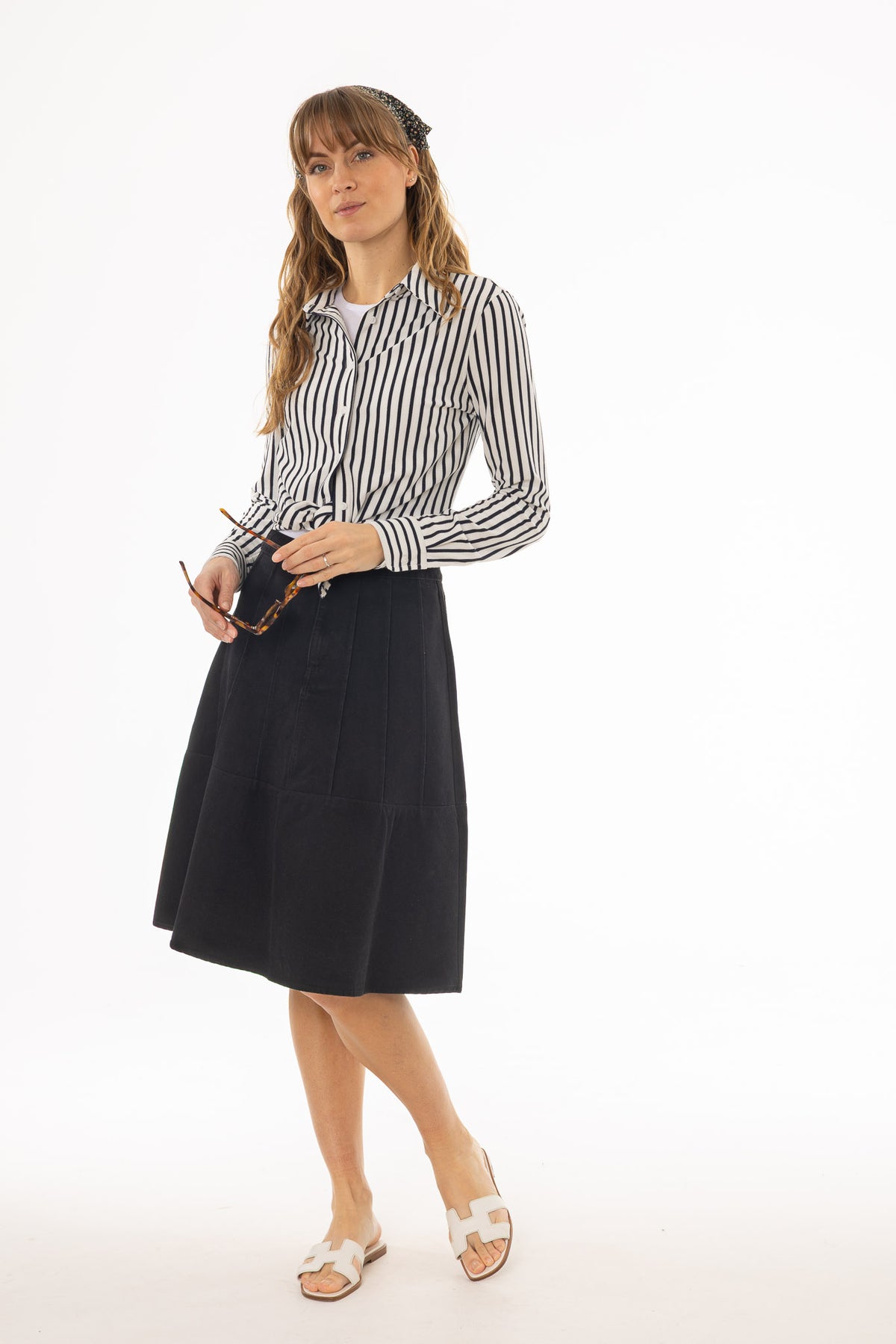 Black Panel Flare Denim Skirt – BLANK