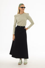 Black Panel Flare Maxi Skirt