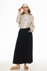 Black Paneled Linen Feel Maxi Skirt