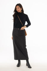 Black Pinstripe Stretch Maxi Skirt
