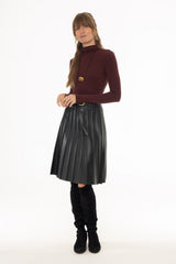 Black Pintuck Vegan Leather Midi Skirt