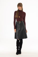 Black Pintuck Vegan Leather Midi Skirt