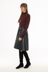 Black Pintuck Vegan Leather Midi Skirt