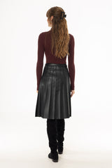 Black Pintuck Vegan Leather Midi Skirt