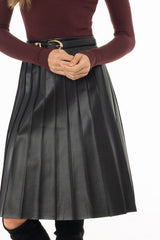 Black Pintuck Vegan Leather Midi Skirt