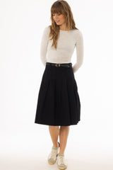 Black Pleated Denim Skirt